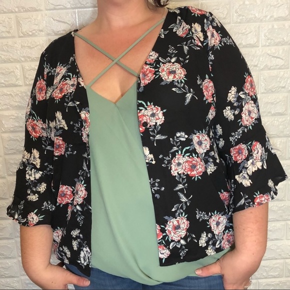 *3 for $30* Black Bell Sleeve Floral Cardigan - Picture 3 of 7